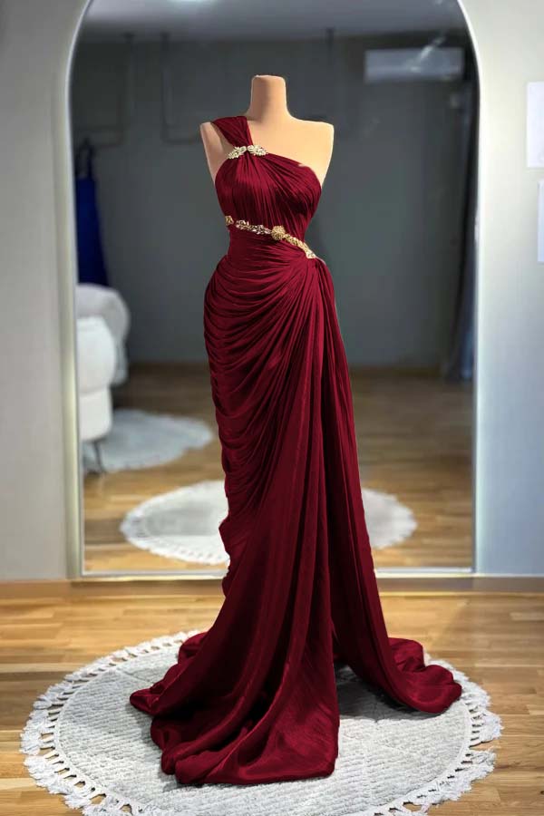 One-Shoulder Sleeveless Long Beaded Ruched Mermaid Evening Gowns