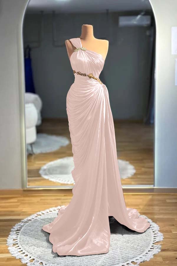 One-Shoulder Sleeveless Long Beaded Ruched Mermaid Evening Gowns