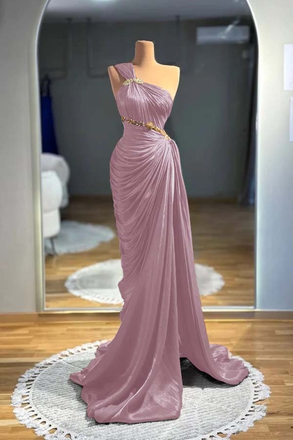One-Shoulder Sleeveless Long Beaded Ruched Mermaid Evening Gowns