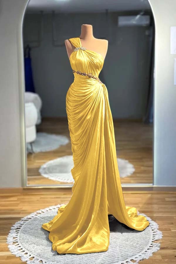 One-Shoulder Sleeveless Long Beaded Ruched Mermaid Evening Gowns