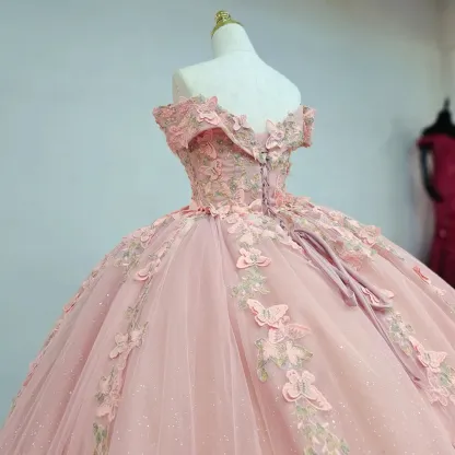 Off-the-Shoulder Pink Ball Gown with Floral Appliqued Long Quinceanera Dress