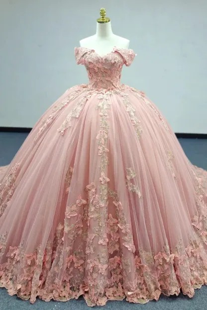 Off-the-Shoulder Pink Ball Gown with Floral Appliqued Long Quinceanera Dress