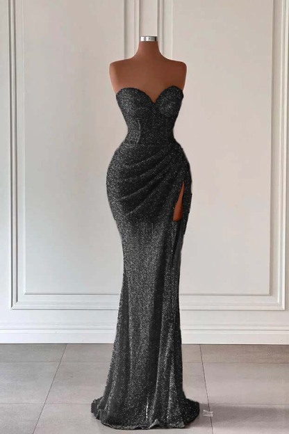 Sweetheart Sleeveless Sequins Corset Ruched Mermaid Evening Gowns with Split