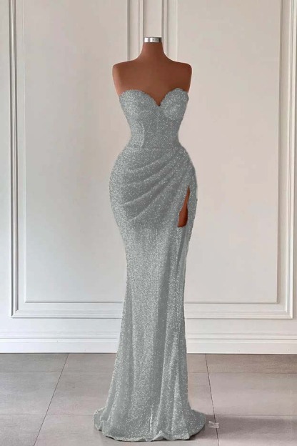 Sweetheart Sleeveless Sequins Corset Ruched Mermaid Evening Gowns with Split