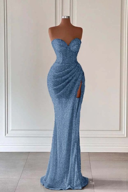 Sweetheart Sleeveless Sequins Corset Ruched Mermaid Evening Gowns with Split