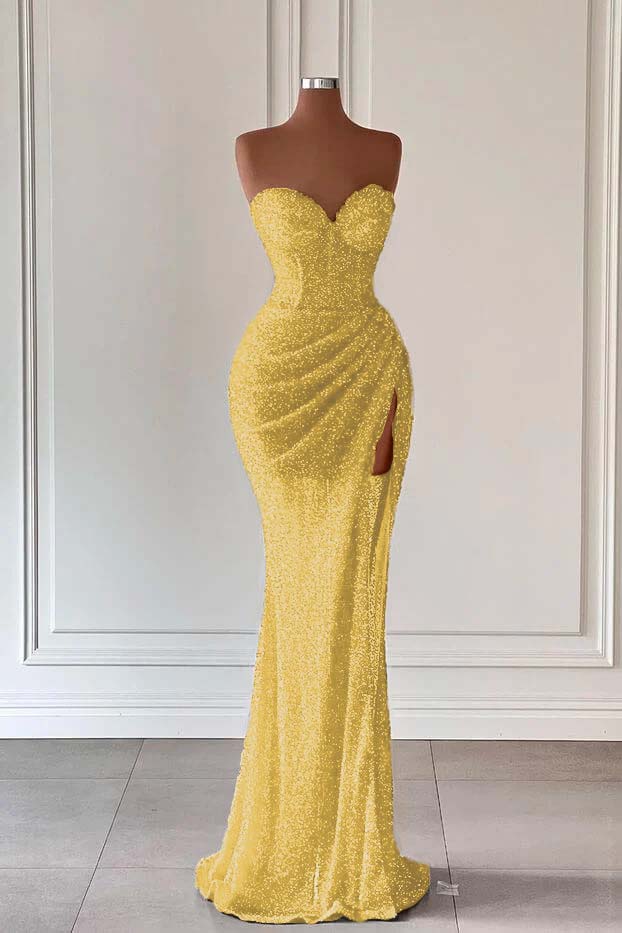 Sweetheart Sleeveless Sequins Corset Ruched Mermaid Evening Gowns with Split