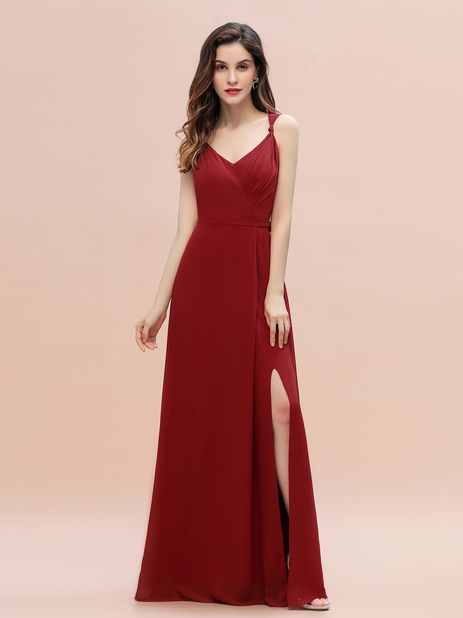 Ruched Chiffon Rust Long Bridesmaid Dresses