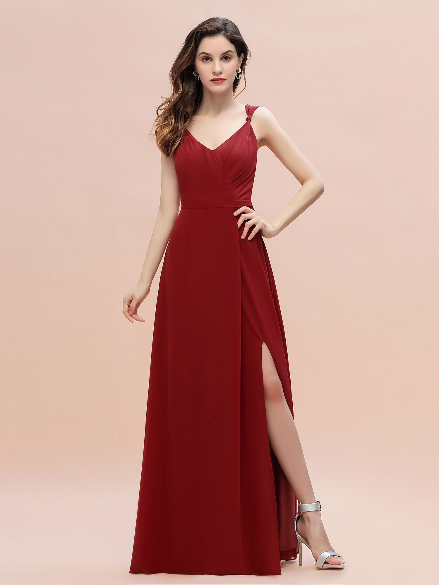 Ruched Chiffon Rust Long Bridesmaid Dresses