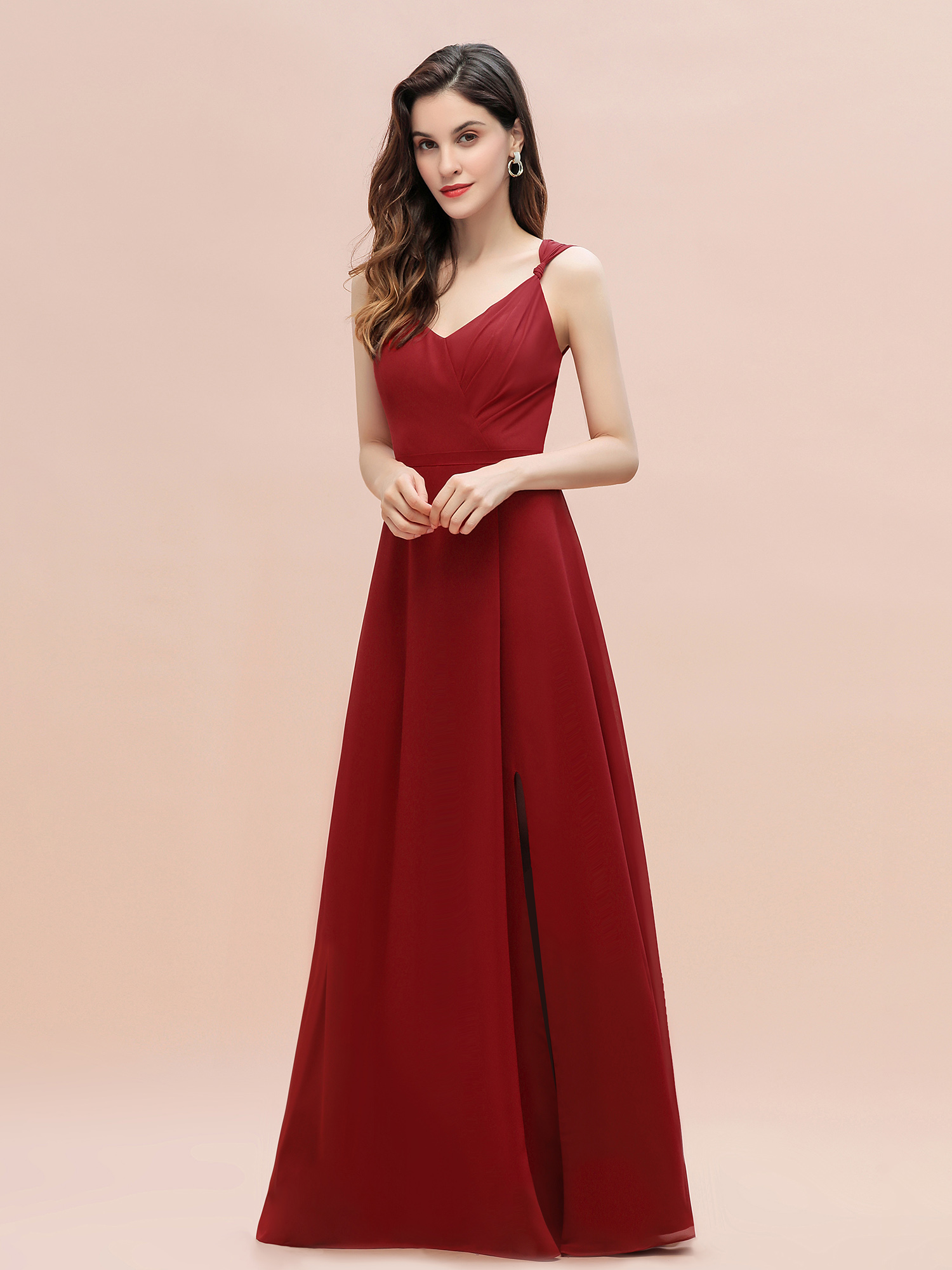 Ruched Chiffon Rust Long Bridesmaid Dresses