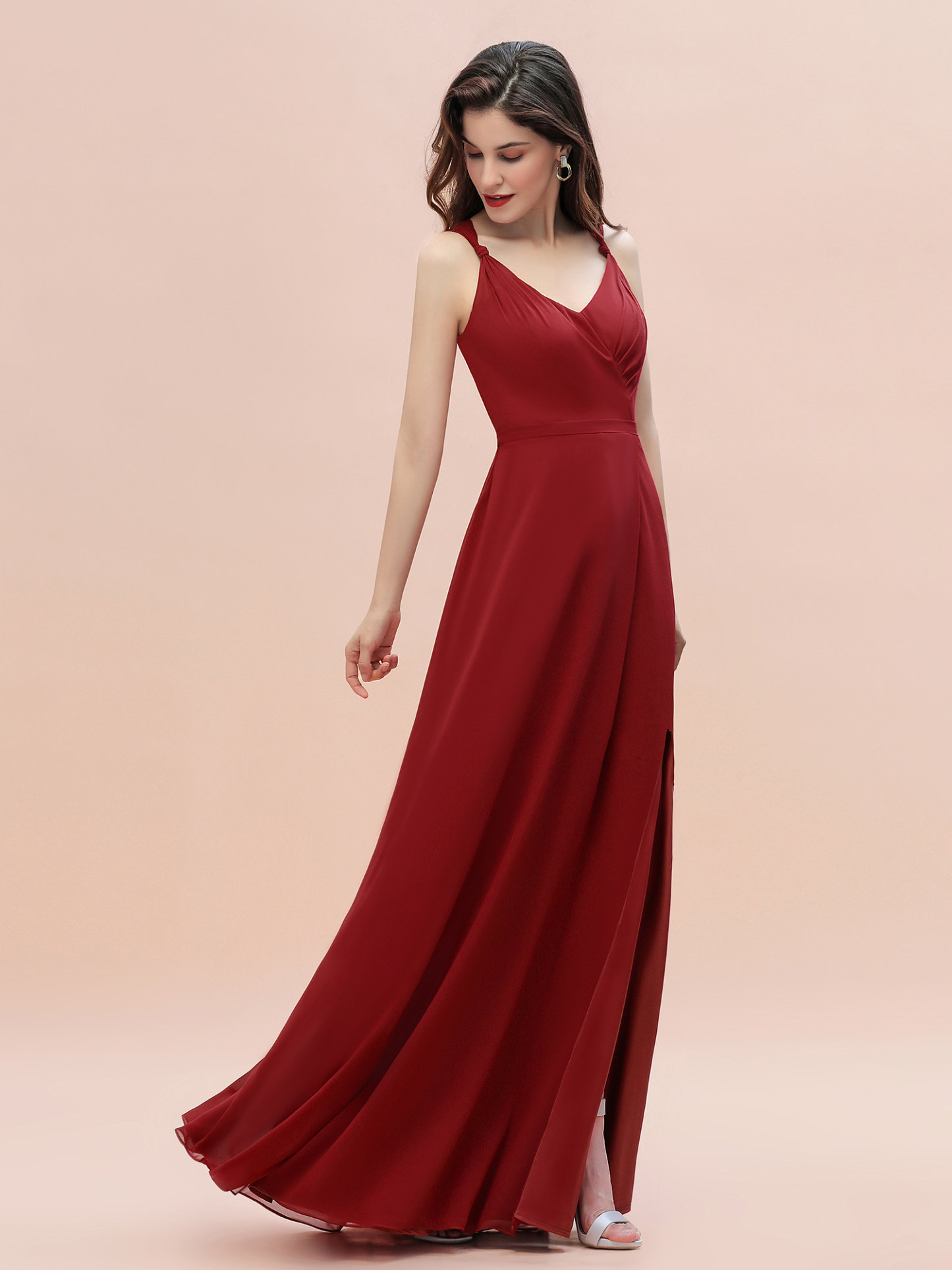 Ruched Chiffon Rust Long Bridesmaid Dresses