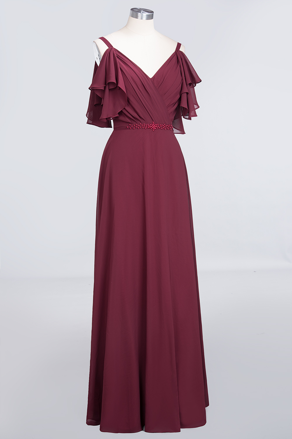 Sexy A-line Flowy Alluring V-neck Straps Sleeveless Ruffles Floor-Length Bridesmaid Dress UK with Pearls-27Dress.co.uk