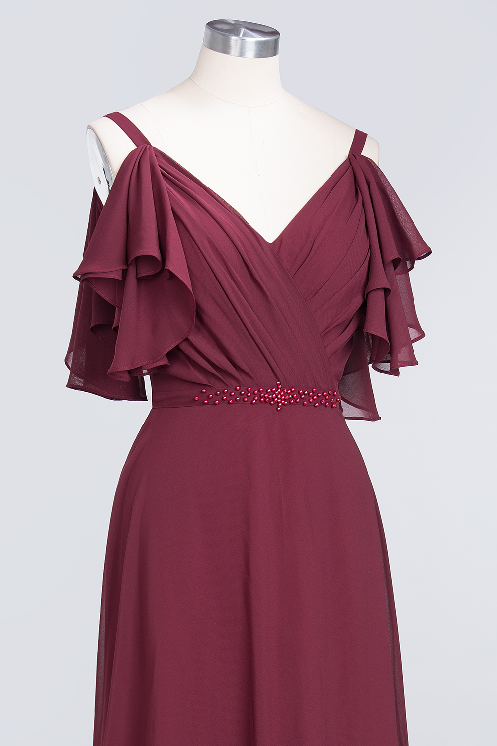 Sexy A-line Flowy Alluring V-neck Straps Sleeveless Ruffles Floor-Length Bridesmaid Dress UK with Pearls-27Dress.co.uk