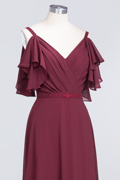 Sexy A-line Flowy Alluring V-neck Straps Sleeveless Ruffles Floor-Length Bridesmaid Dress UK with Pearls-27Dress.co.uk