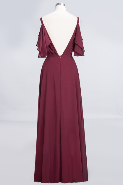 Sexy A-line Flowy Alluring V-neck Straps Sleeveless Ruffles Floor-Length Bridesmaid Dress UK with Pearls-27Dress.co.uk