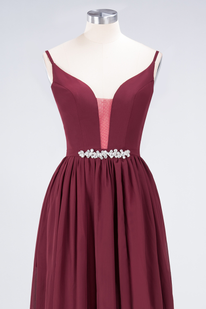 Sexy A-line Flowy Appliques Spaghetti-Straps Deep-Alluring V-neck Sleeveless Floor-Length Bridesmaid Dress UK UK with Ruffles-27Dress.co.uk