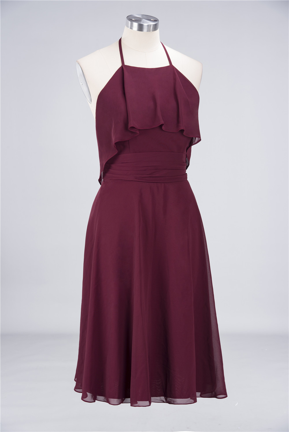 Sexy A-line Flowy Halter Sleeveless Short length Bridesmaid Dress UK with Ruffles