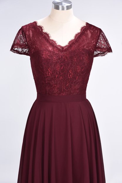 Sexy A-line Flowy Lace Alluring V-neck Cap-Sleeves Floor-Length Bridesmaid Dress UK