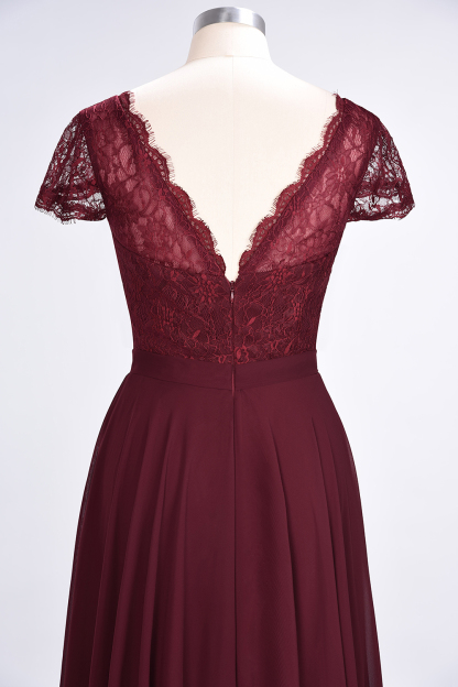 Sexy A-line Flowy Lace Alluring V-neck Cap-Sleeves Floor-Length Bridesmaid Dress UK