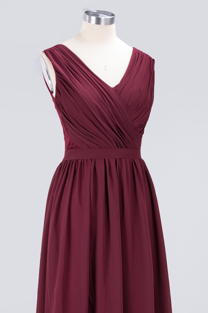 Sexy A-line Flowy Lace Alluring V-neck Sleeveless Floor-Length Bridesmaid Dress UK UK with Ruffles-27Dress.co.uk