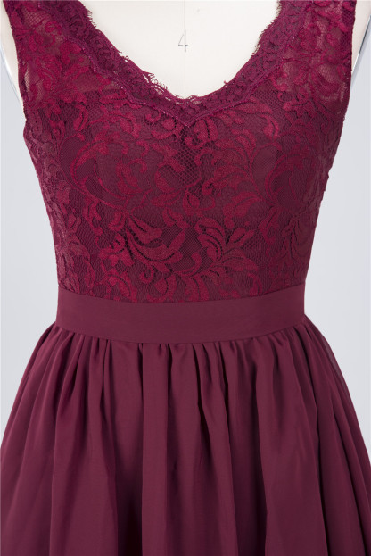 Sexy A-line Flowy Lace Alluring V-neck Sleeveless Short length Bridesmaid Dress UK UK with Ruffles-27Dress.co.uk