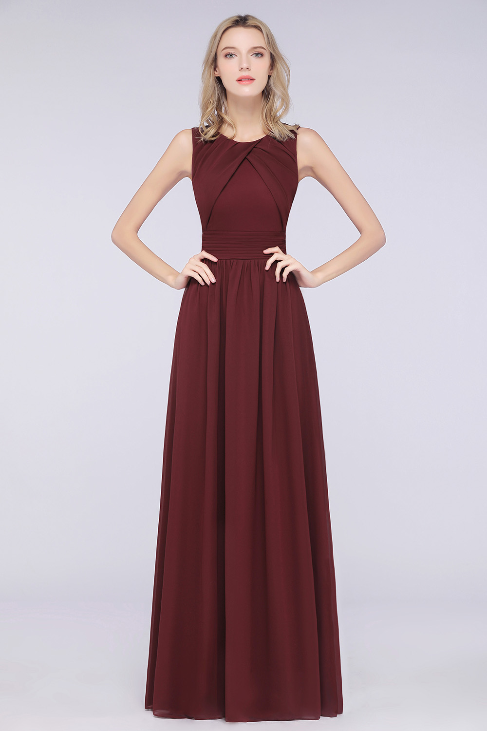Sexy A-line Flowy Round-Neck Sleeveless Floor-Length Bridesmaid Dress UK UK with Ruffles-27Dress.co.uk