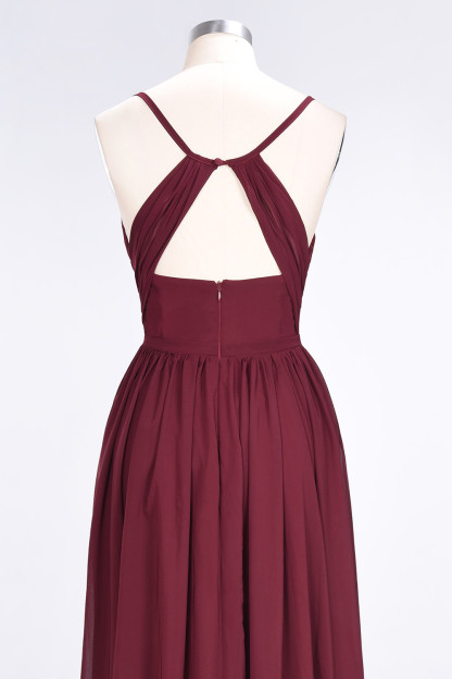 Sexy A-line Flowy Spaghetti-Straps Alluring V-neck Sleeveless Floor-Length Bridesmaid Dress UK with Ruffles-27Dress.co.uk