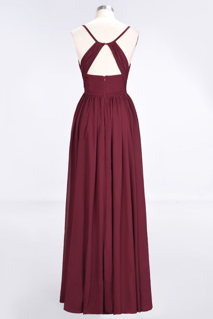 Sexy A-line Flowy Spaghetti-Straps Alluring V-neck Sleeveless Floor-Length Bridesmaid Dress UK with Ruffles-27Dress.co.uk