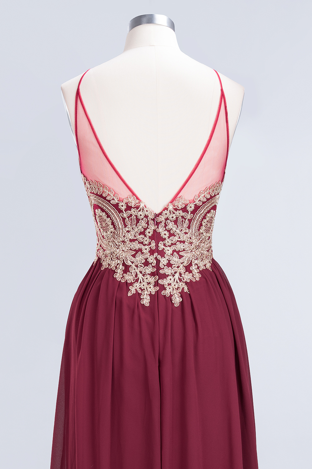 Sexy A-line Flowy Spaghetti-Straps Sleeveless Backless Floor-Length Bridesmaid Dress UK with Appliques