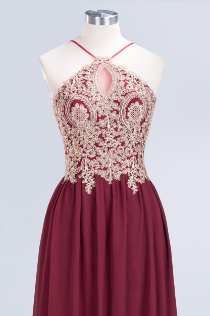Sexy A-line Flowy Spaghetti-Straps Sleeveless Backless Floor-Length Bridesmaid Dress UK with Appliques