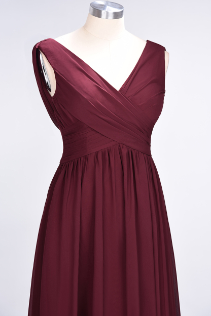 Sexy A-line Flowy Straps Alluring V-neck Sleeveless Floor-Length Bridesmaid Dress UK with Ruffles-27Dress.co.uk
