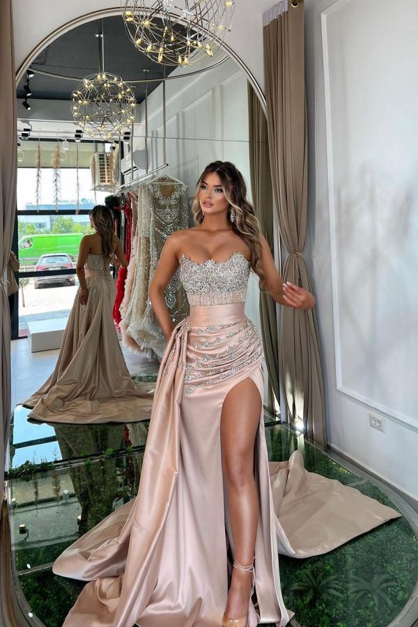 Sexy Sweetheart Silver beaded Satin prom dress with Slit-27Dress.co.uk