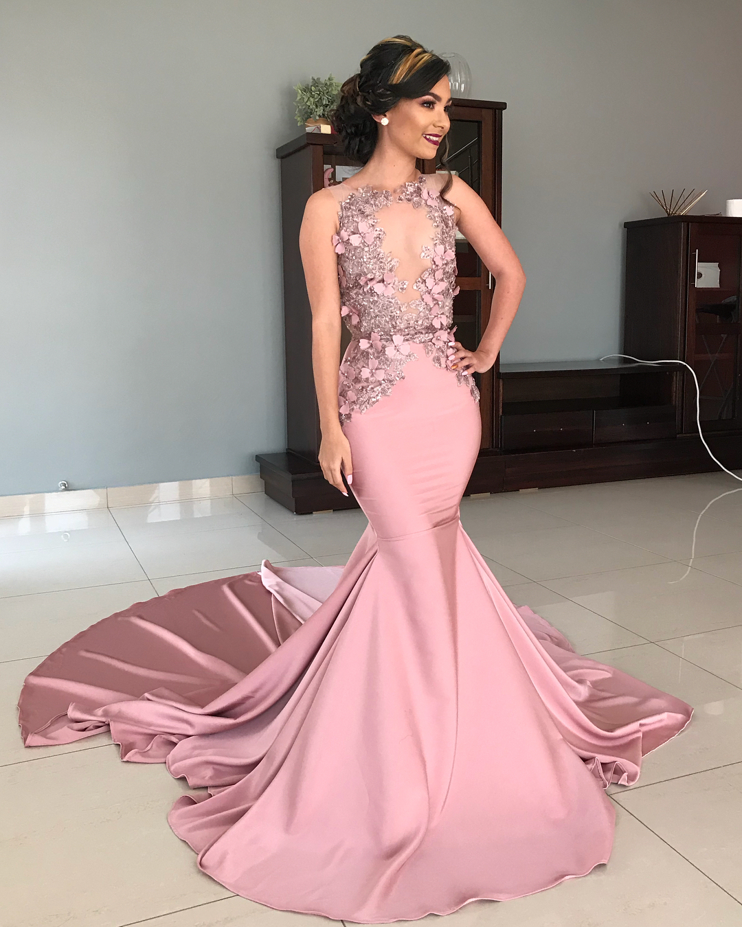Sleeveless Illusion Neckline Flower Appliques Pink Mermaid Prom Dresses UK-27Dress.co.uk
