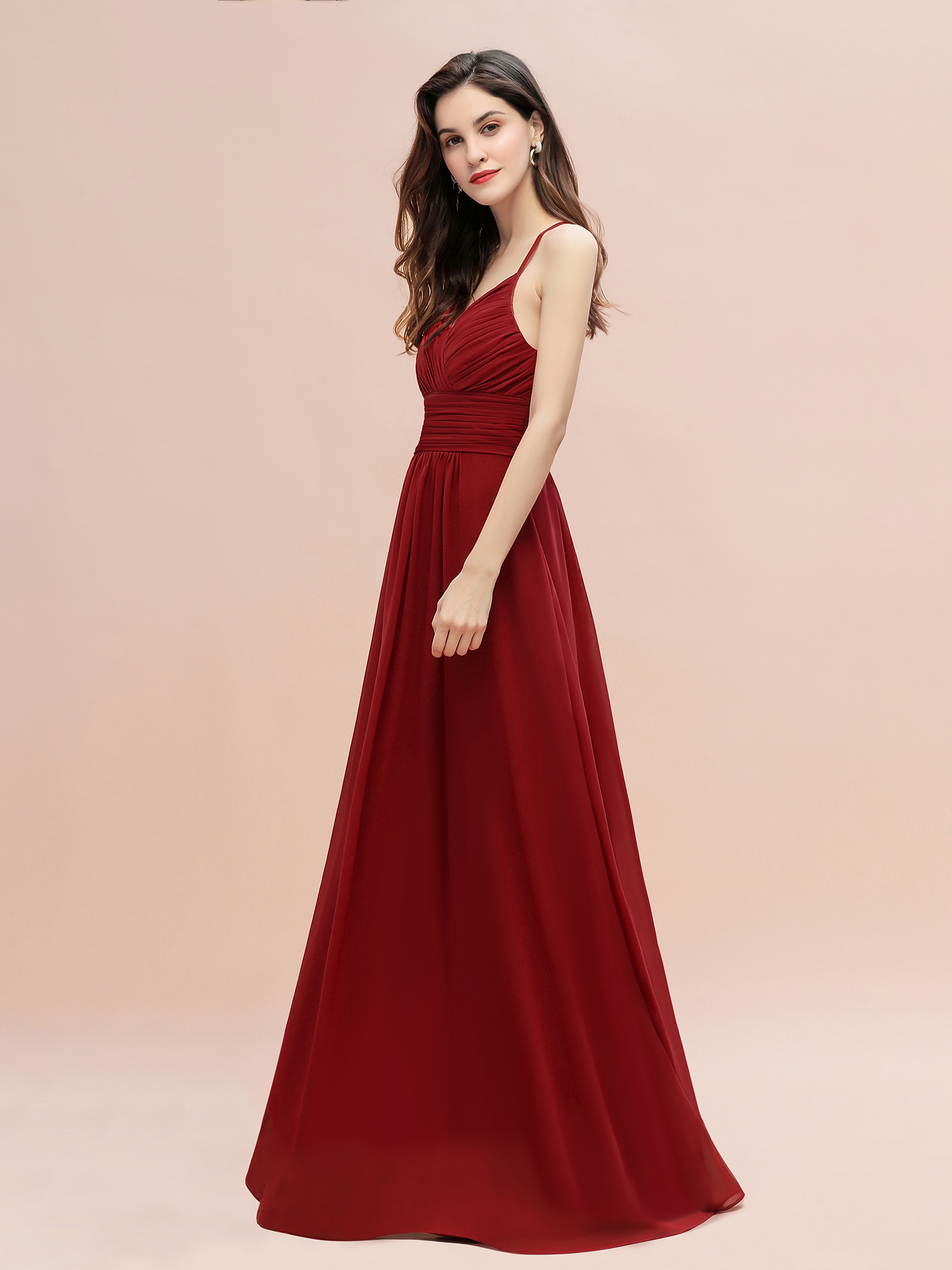 Spaghetti Straps Ruched Chiffon Rust Long Bridesmaid Dresses