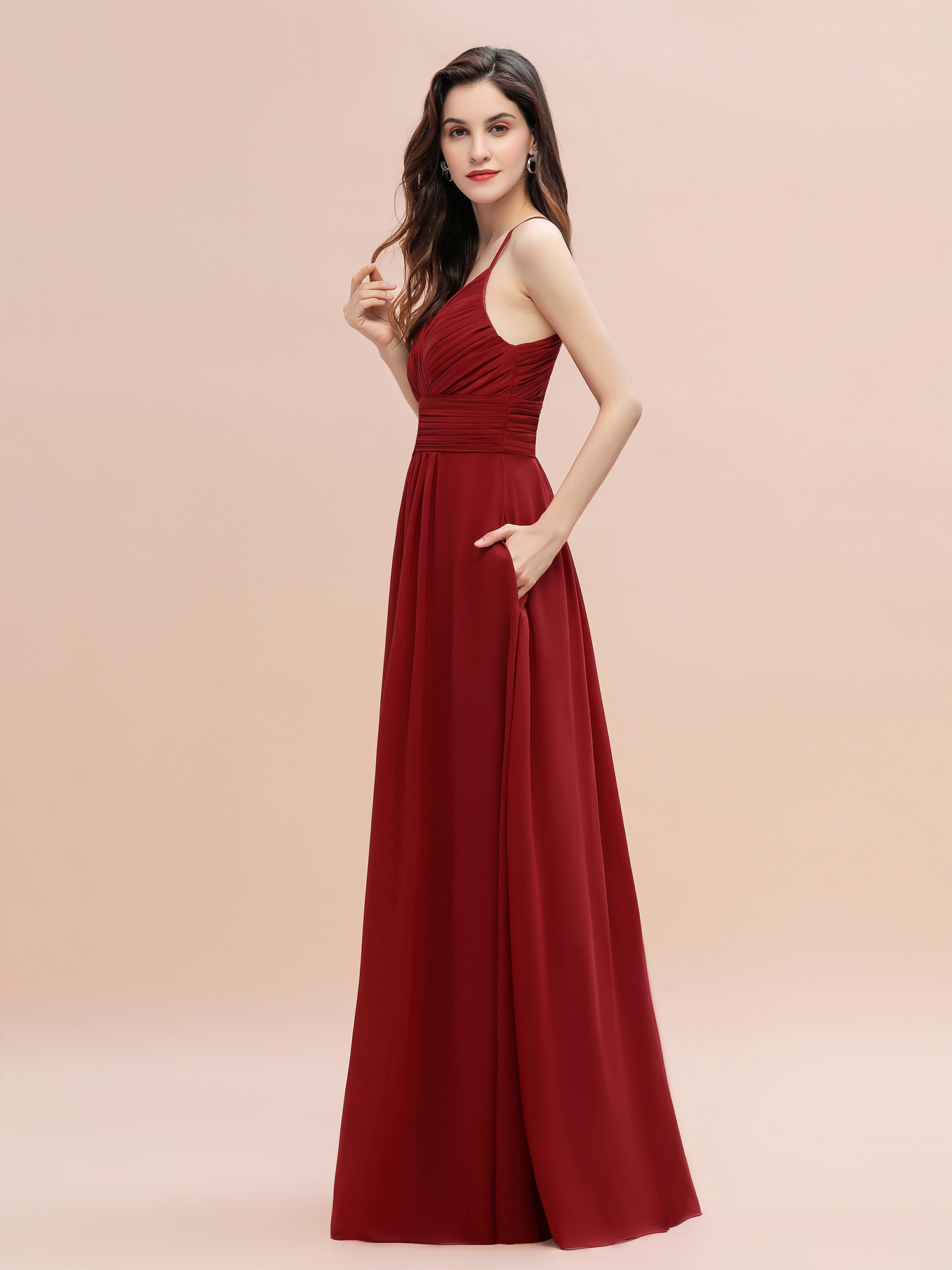 Spaghetti Straps Ruched Chiffon Rust Long Bridesmaid Dresses