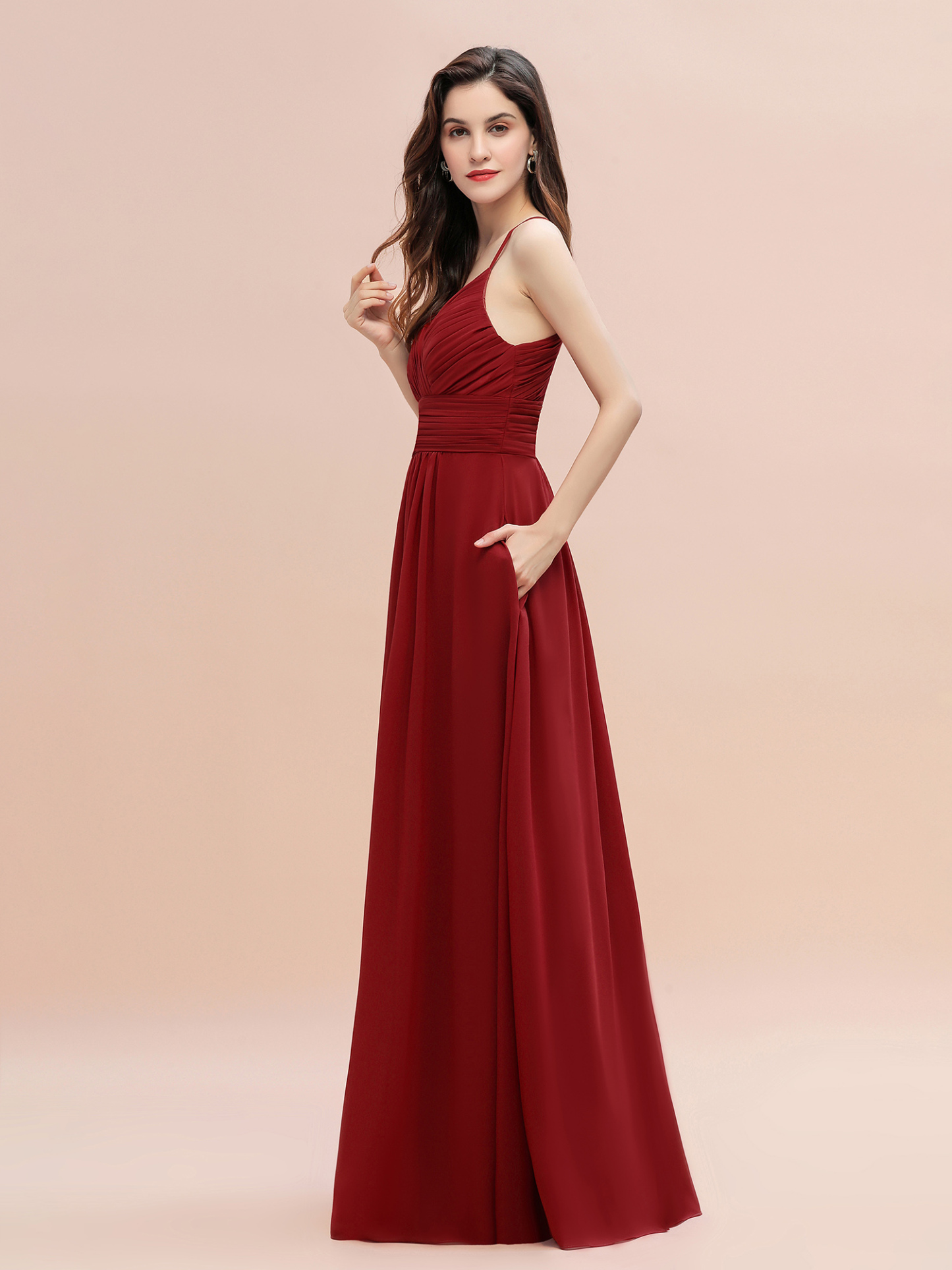Spaghetti Straps Ruched Chiffon Rust Long Bridesmaid Dresses