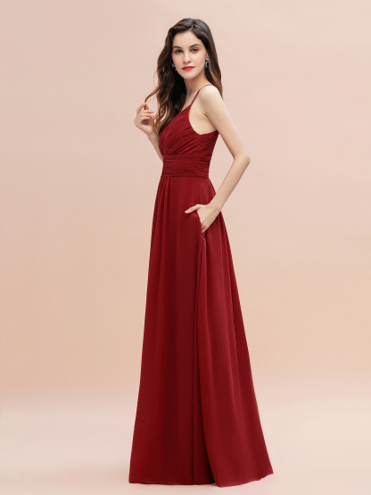 Spaghetti Straps Ruched Chiffon Rust Long Bridesmaid Dresses