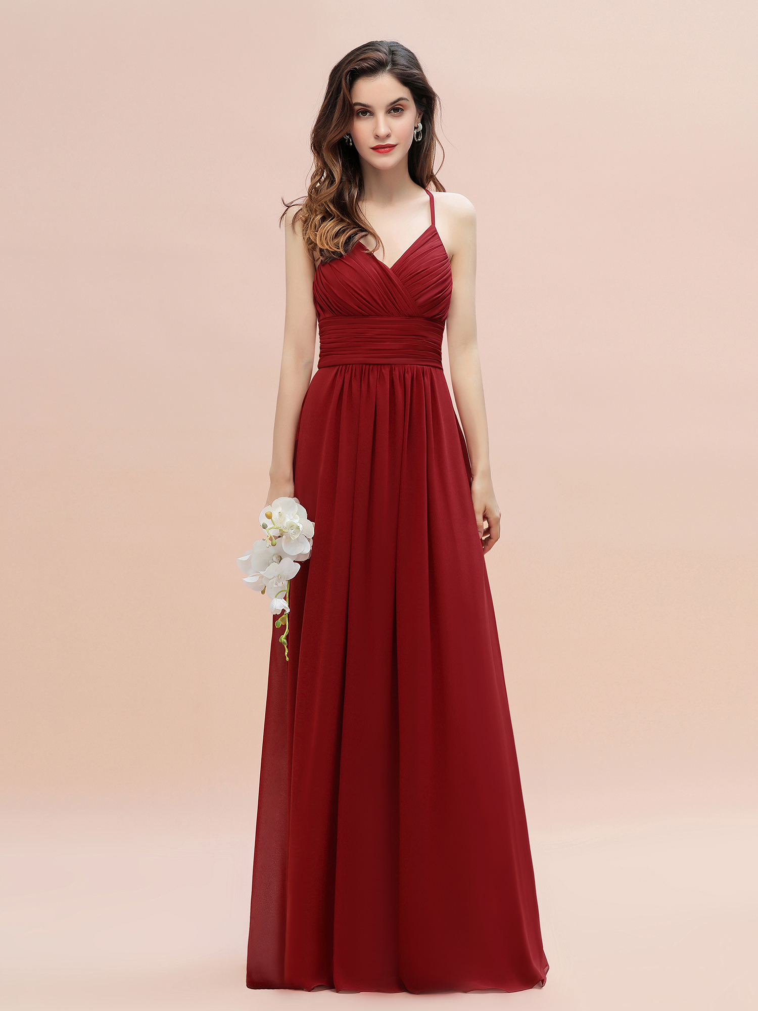 Spaghetti Straps Ruched Chiffon Rust Long Bridesmaid Dresses