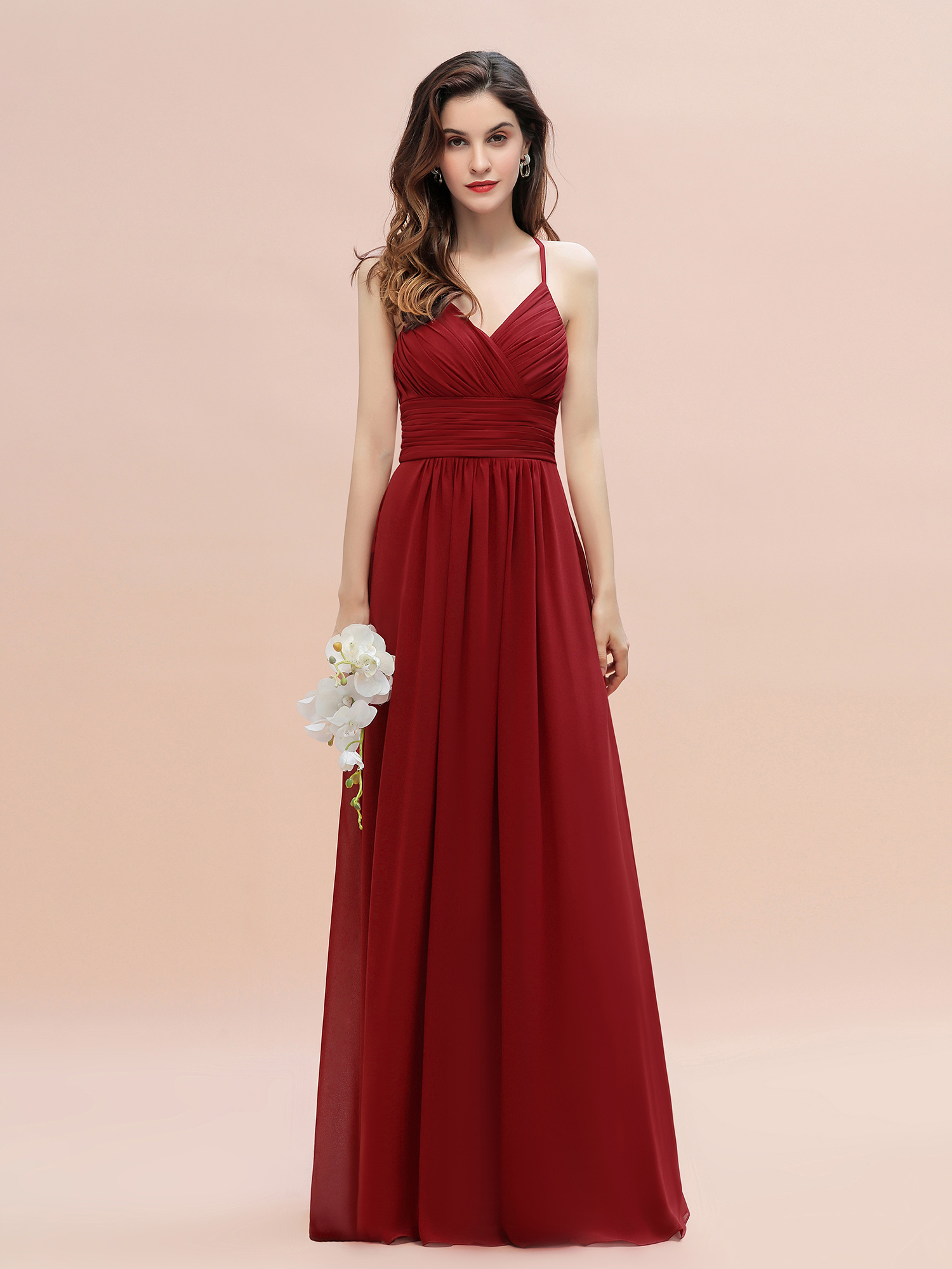 Spaghetti Straps Ruched Chiffon Rust Long Bridesmaid Dresses