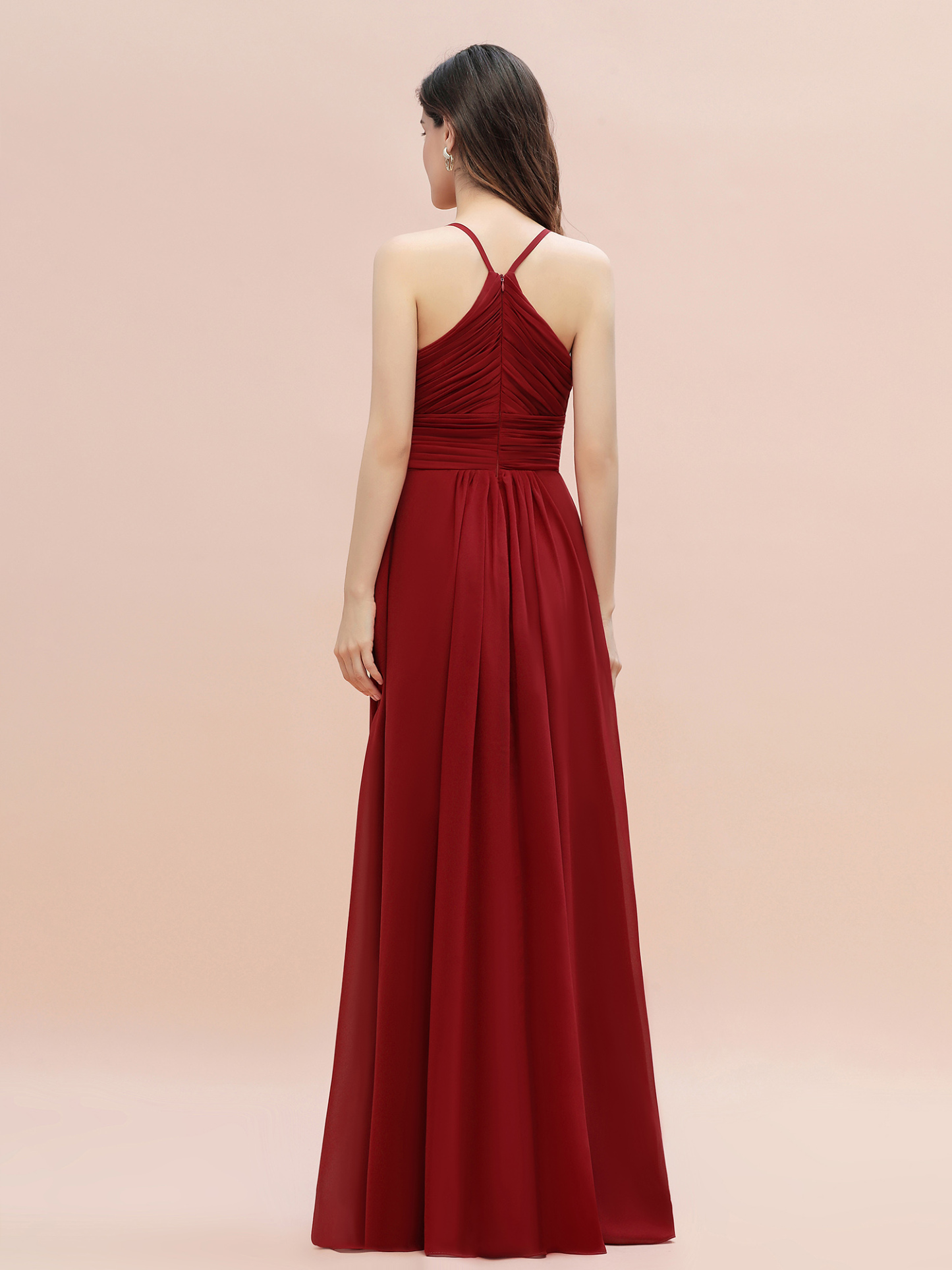 Spaghetti Straps Ruched Chiffon Rust Long Bridesmaid Dresses