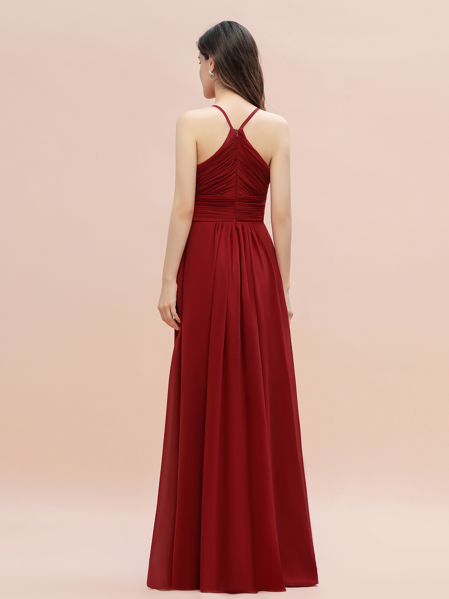 Spaghetti Straps Ruched Chiffon Rust Long Bridesmaid Dresses