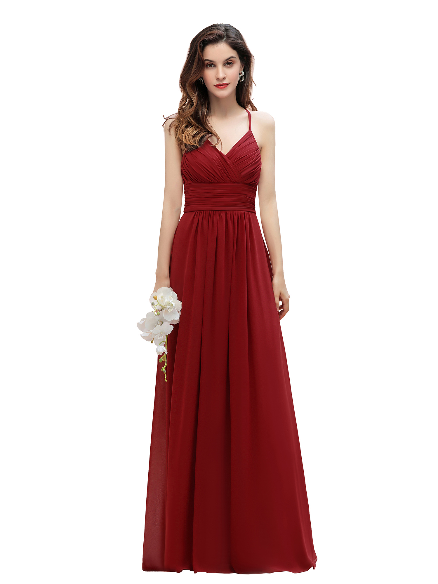 Spaghetti Straps Ruched Chiffon Rust Long Bridesmaid Dresses