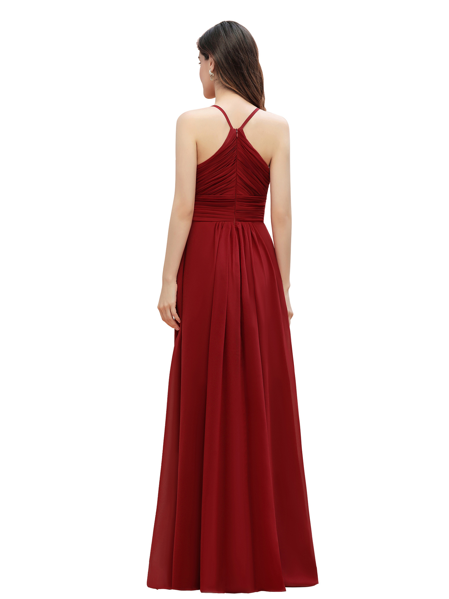 Spaghetti Straps Ruched Chiffon Rust Long Bridesmaid Dresses