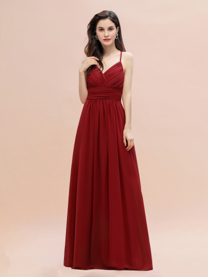 Spaghetti Straps Ruched Chiffon Rust Long Bridesmaid Dresses