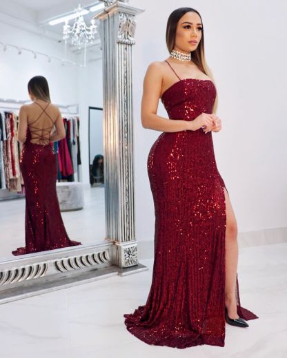 Spaghetti Straps Sequins Floor Length Mermaid Formal Dresses UK-27Dress.co.uk