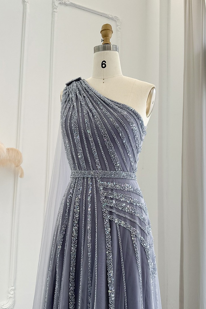 One-Shoulder Sleeveless Sequins Long Beaded A-Line Evening Gowns