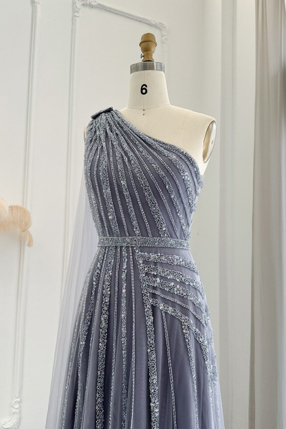 One-Shoulder Sleeveless Sequins Long Beaded A-Line Evening Gowns