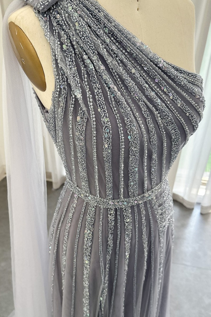 One-Shoulder Sleeveless Sequins Long Beaded A-Line Evening Gowns
