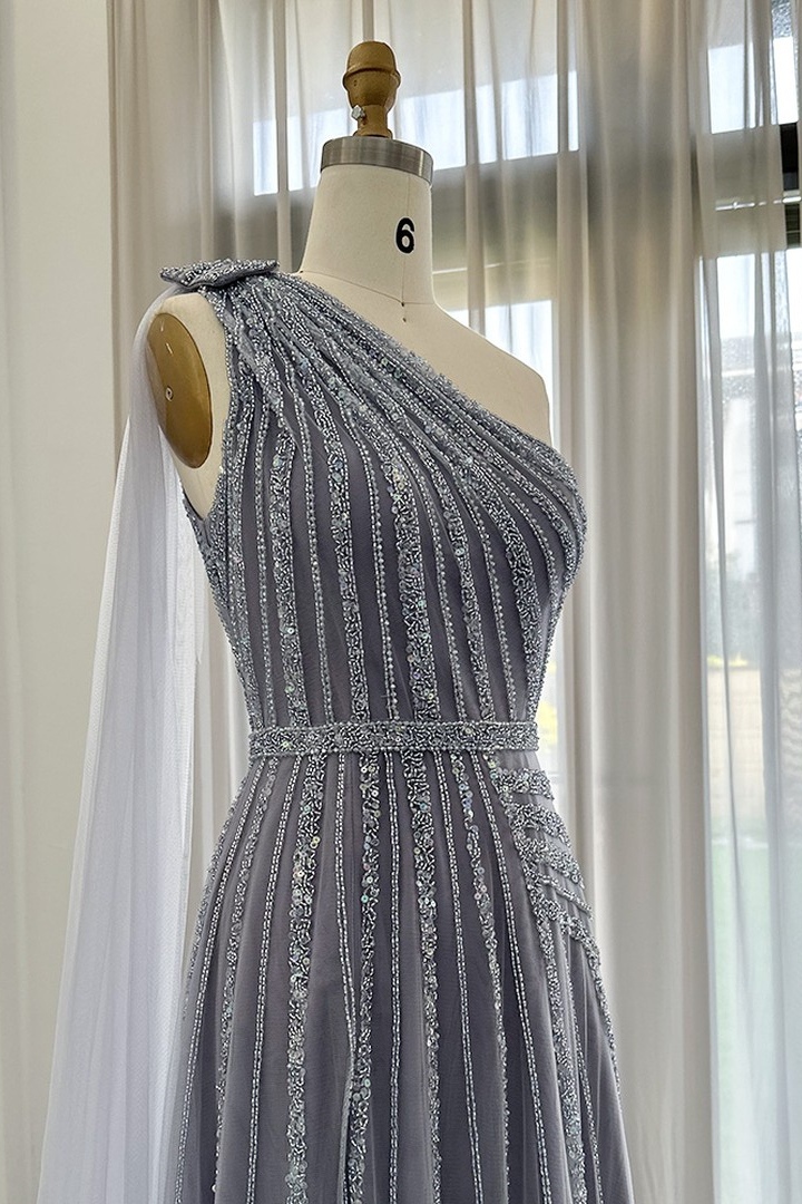 One-Shoulder Sleeveless Sequins Long Beaded A-Line Evening Gowns