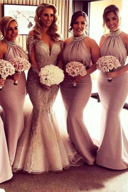 Timeless Halter Elegant Mermaid Bridesmaid Dress UK | Elegant Ruched Long Wedding Party Dress UK
