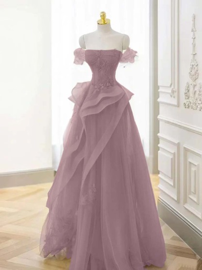 Off-the-Shoulder Beaded Appliques Tulle Long A-Line Evening Dress